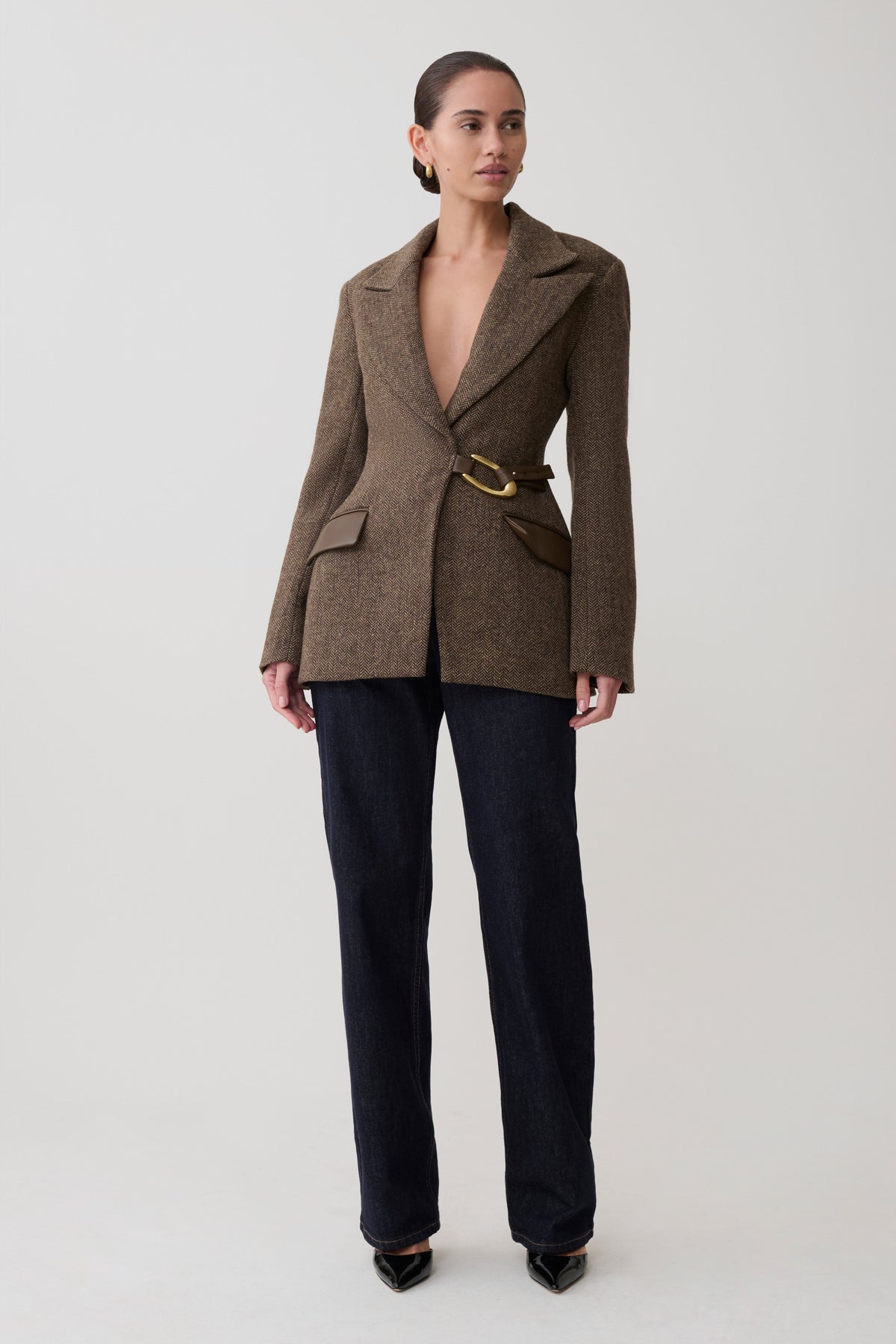 Structured Blazer With Hardware - Herringbone