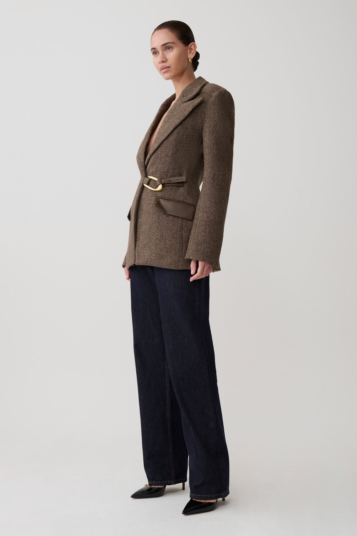 Structured Blazer With Hardware - Herringbone