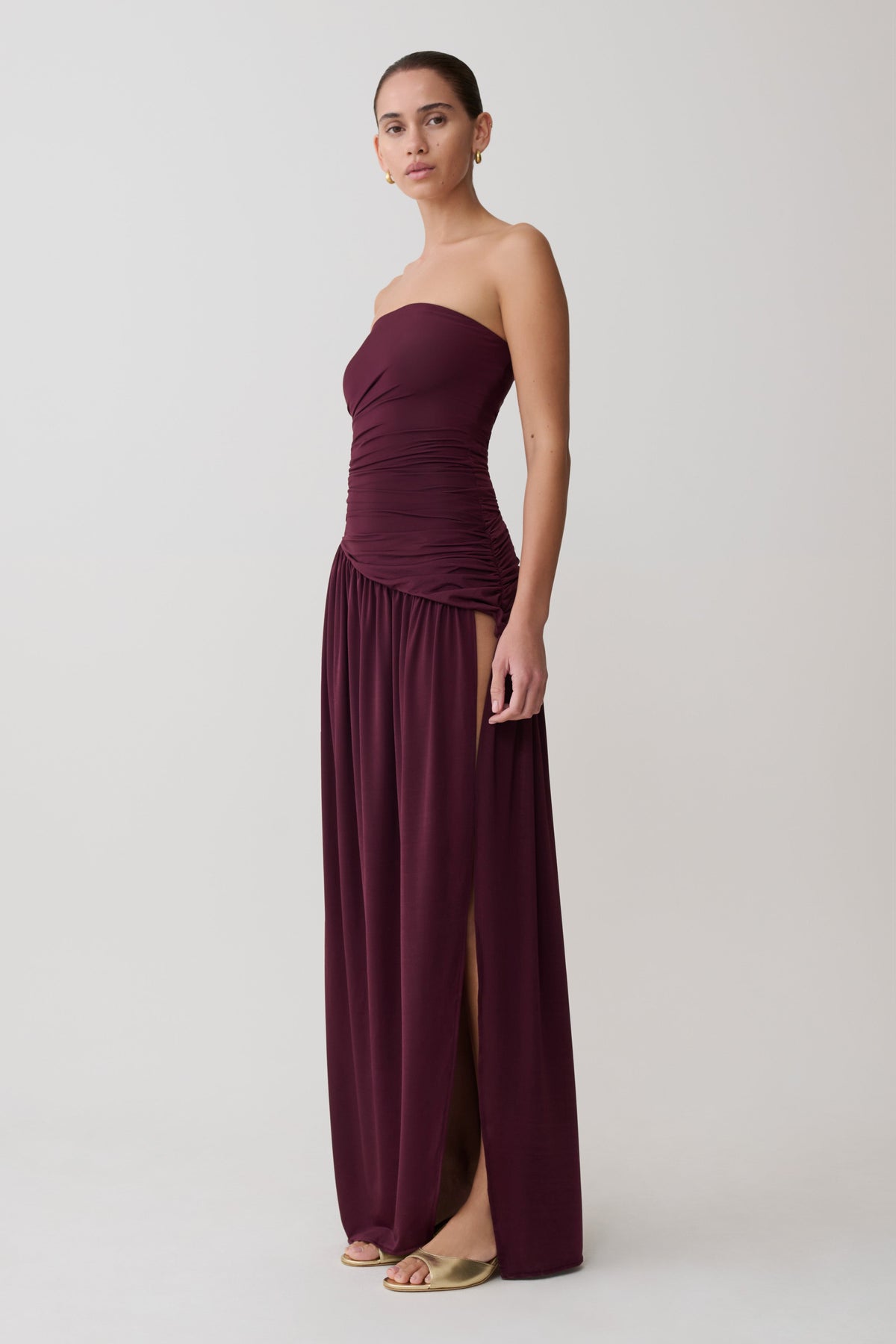 Strapless Slinky Maxi Dress With Split - Burgundy
