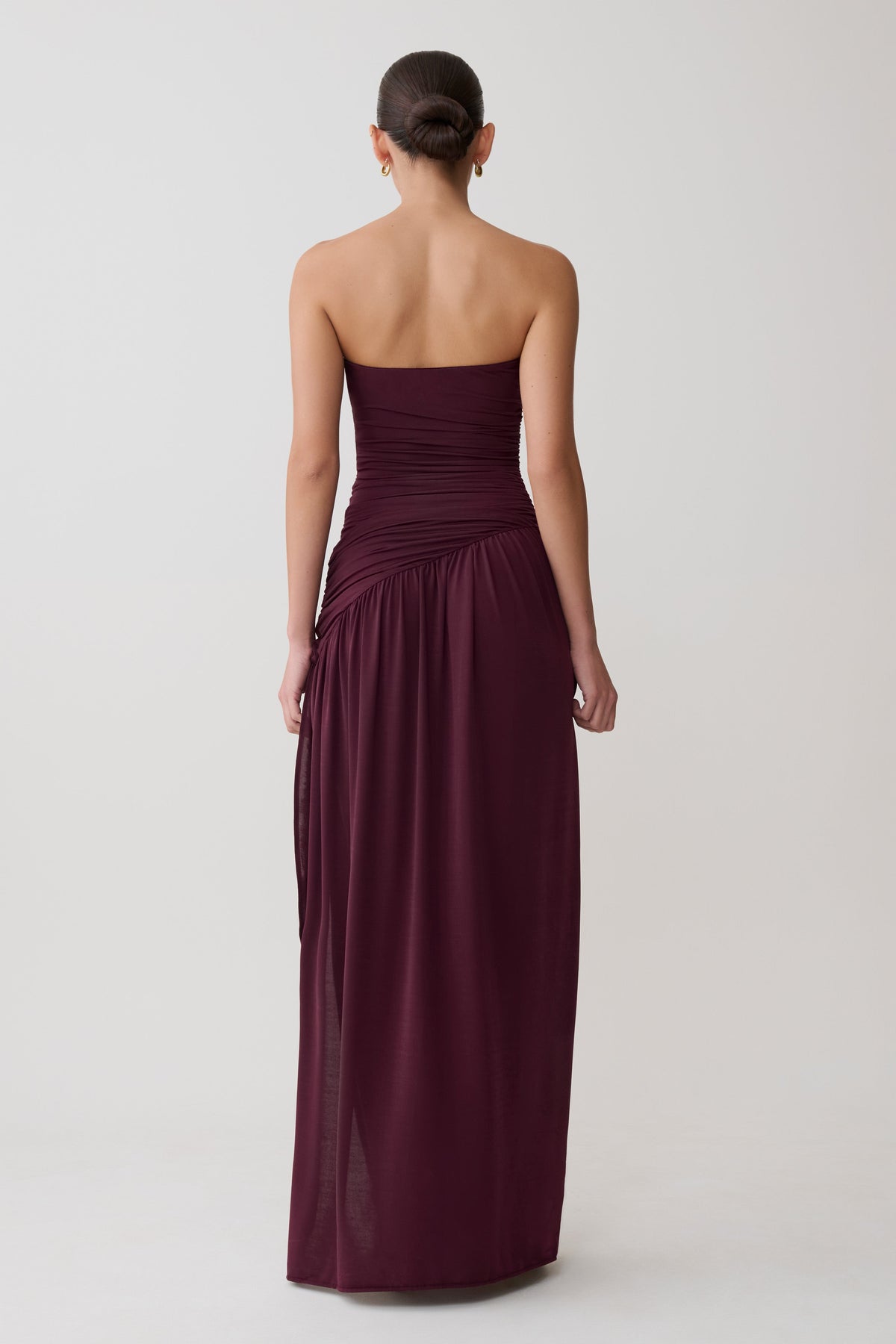 Strapless Slinky Maxi Dress With Split - Burgundy