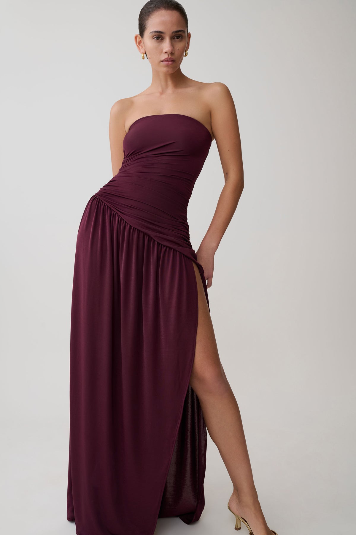 Strapless Slinky Maxi Dress With Split - Burgundy