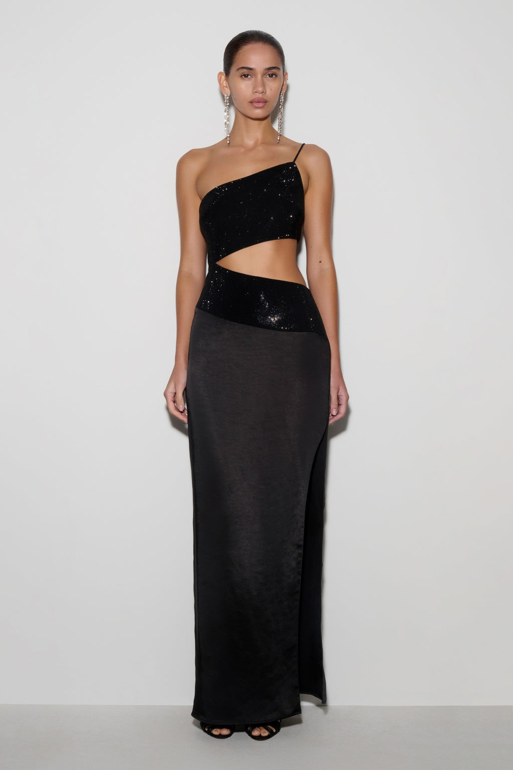 One Shoulder Diamante Maxi Dress - Black