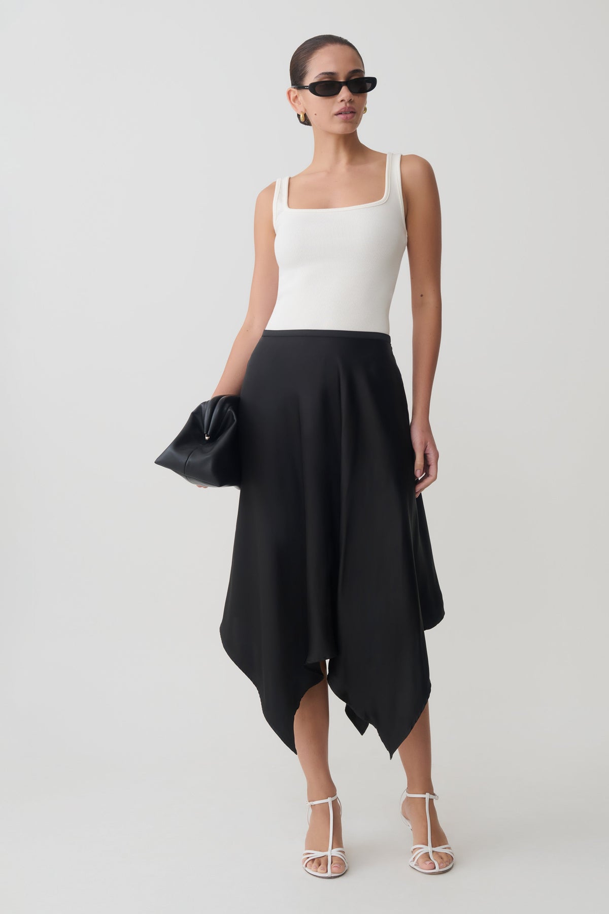 Asymmetric Satin Midi Skirt - Black
