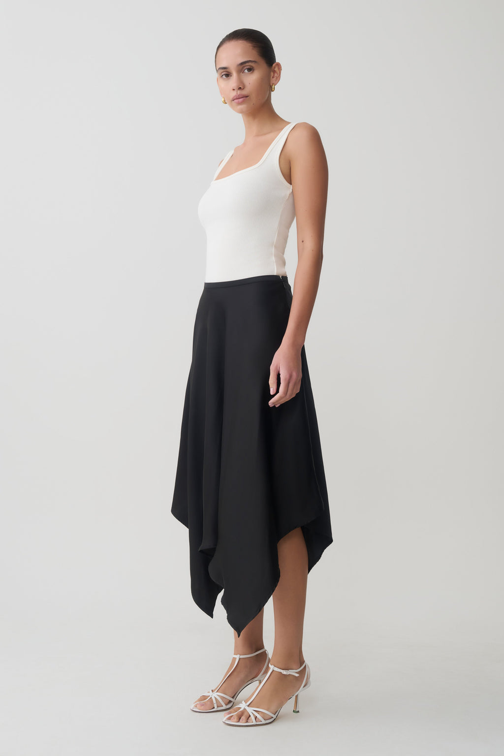 Asymmetric Satin Midi Skirt - Black