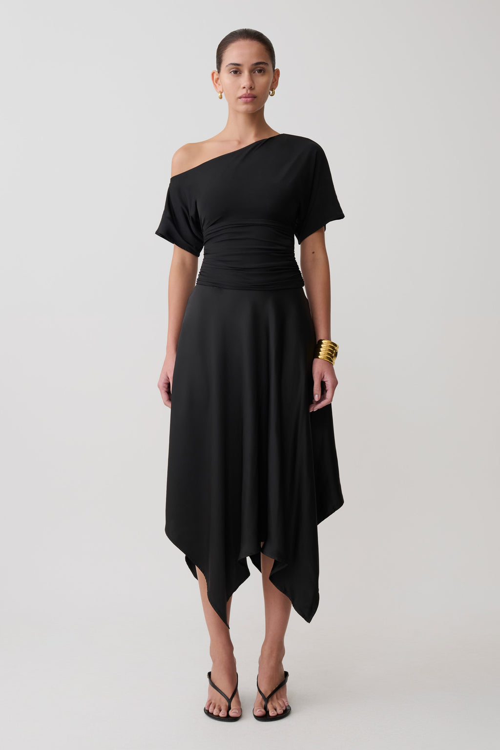 Asymmetric Satin Midi Skirt - Black