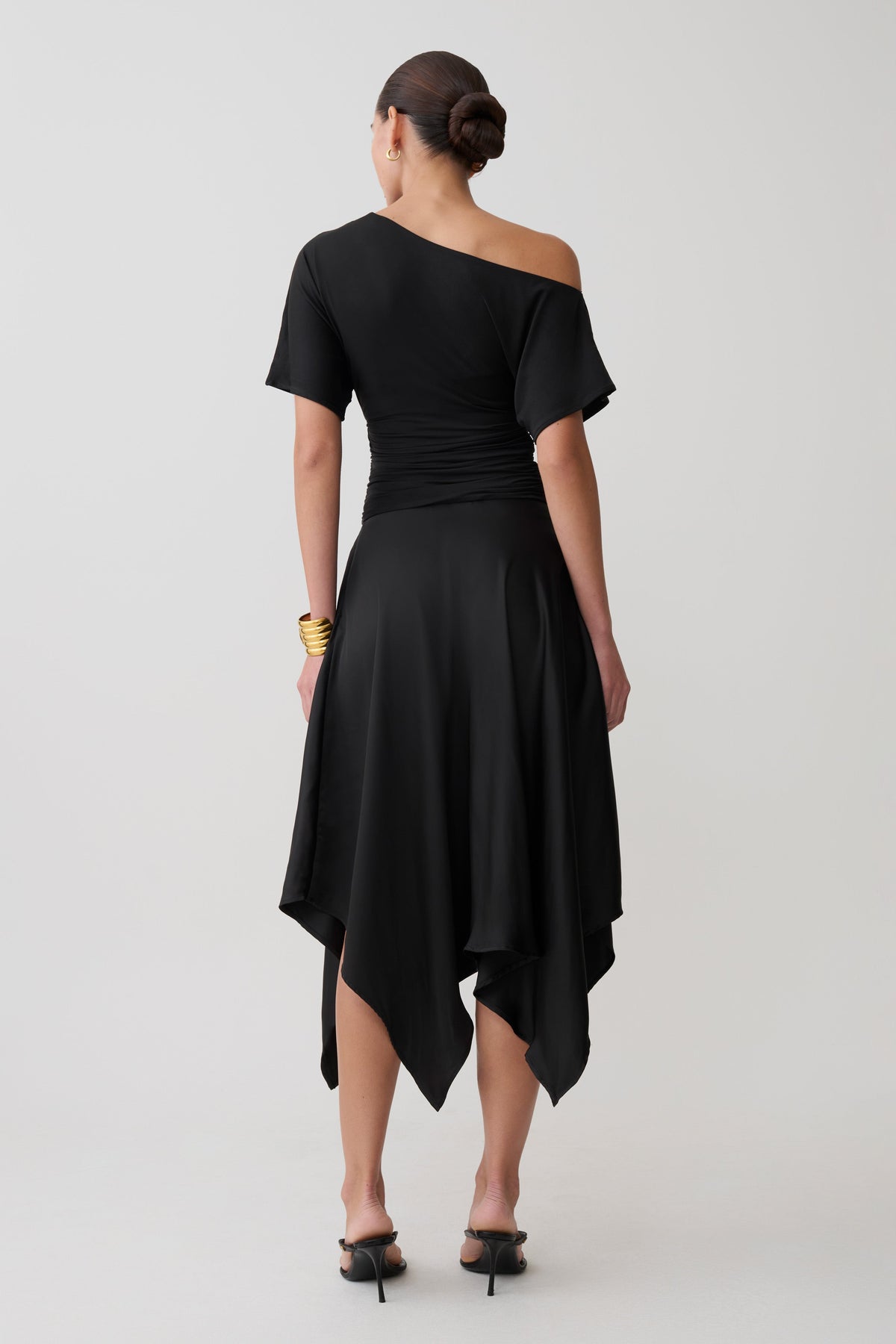 Asymmetric Satin Midi Skirt - Black