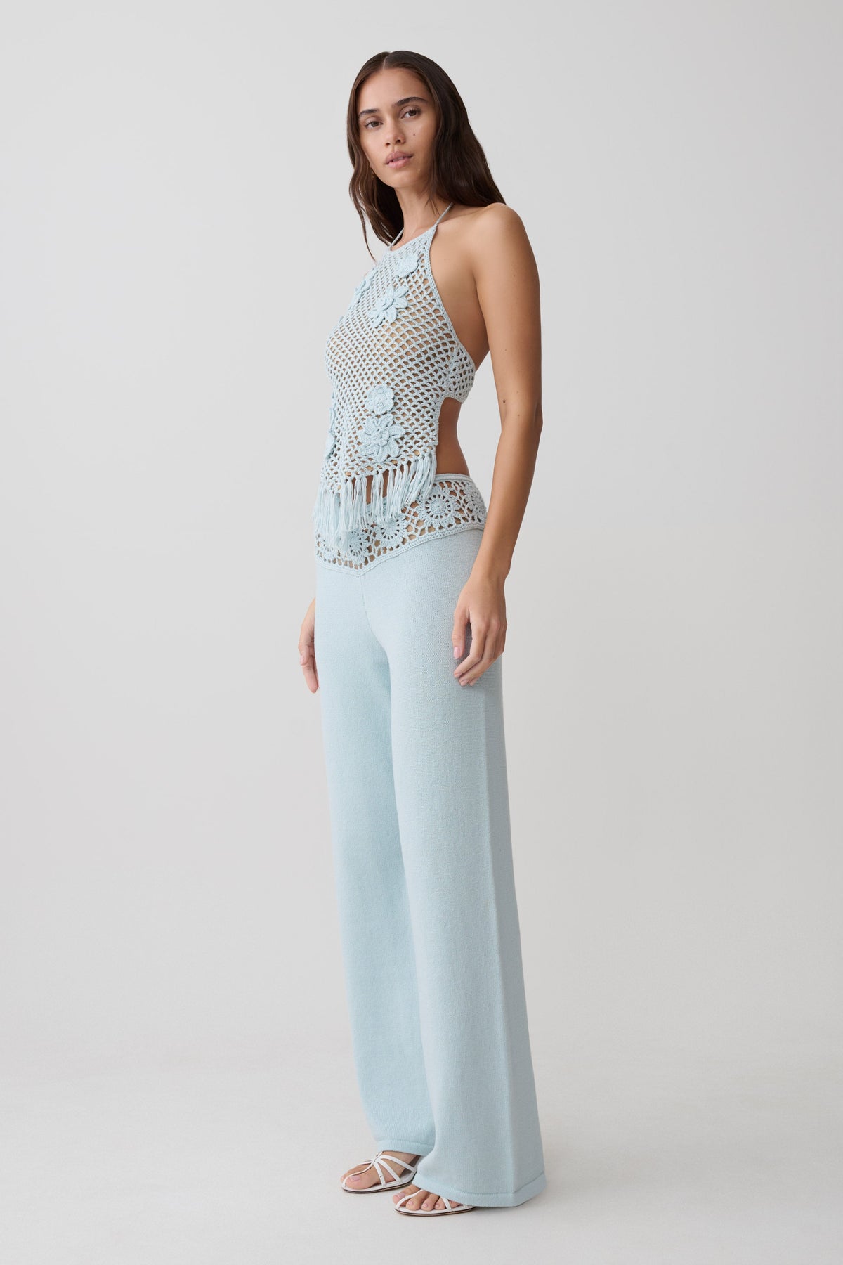 Crochet Waistband Straight Leg Pant - Pale Aqua