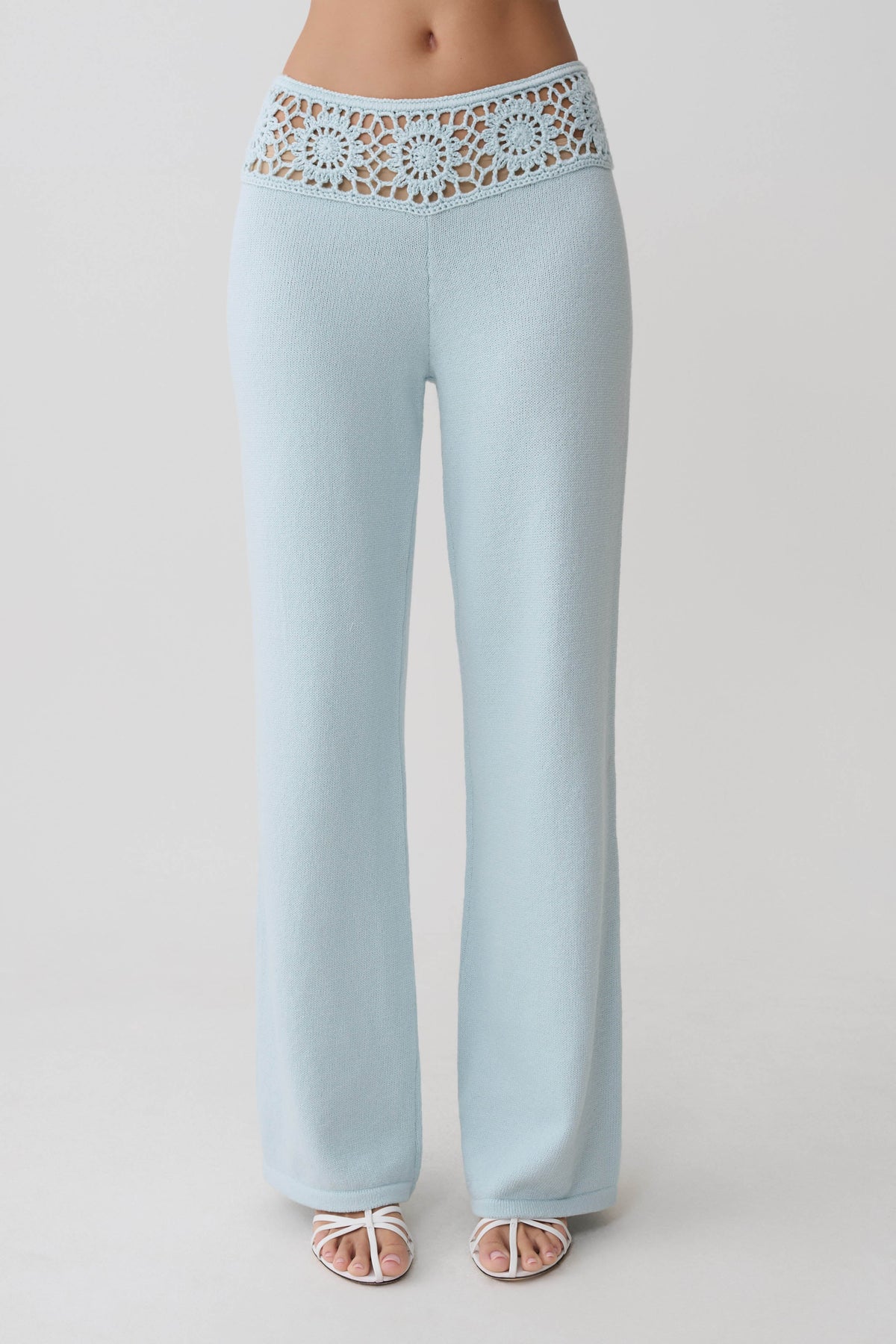 Crochet Waistband Straight Leg Pant - Pale Aqua