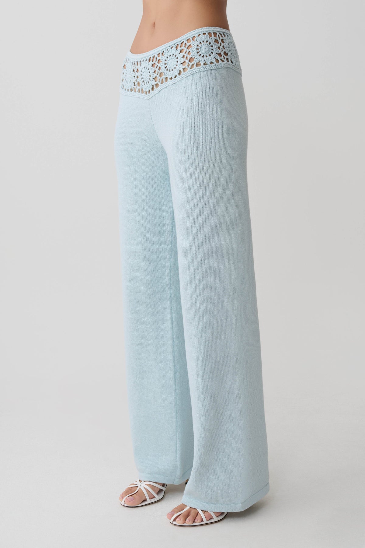 Crochet Waistband Straight Leg Pant - Pale Aqua
