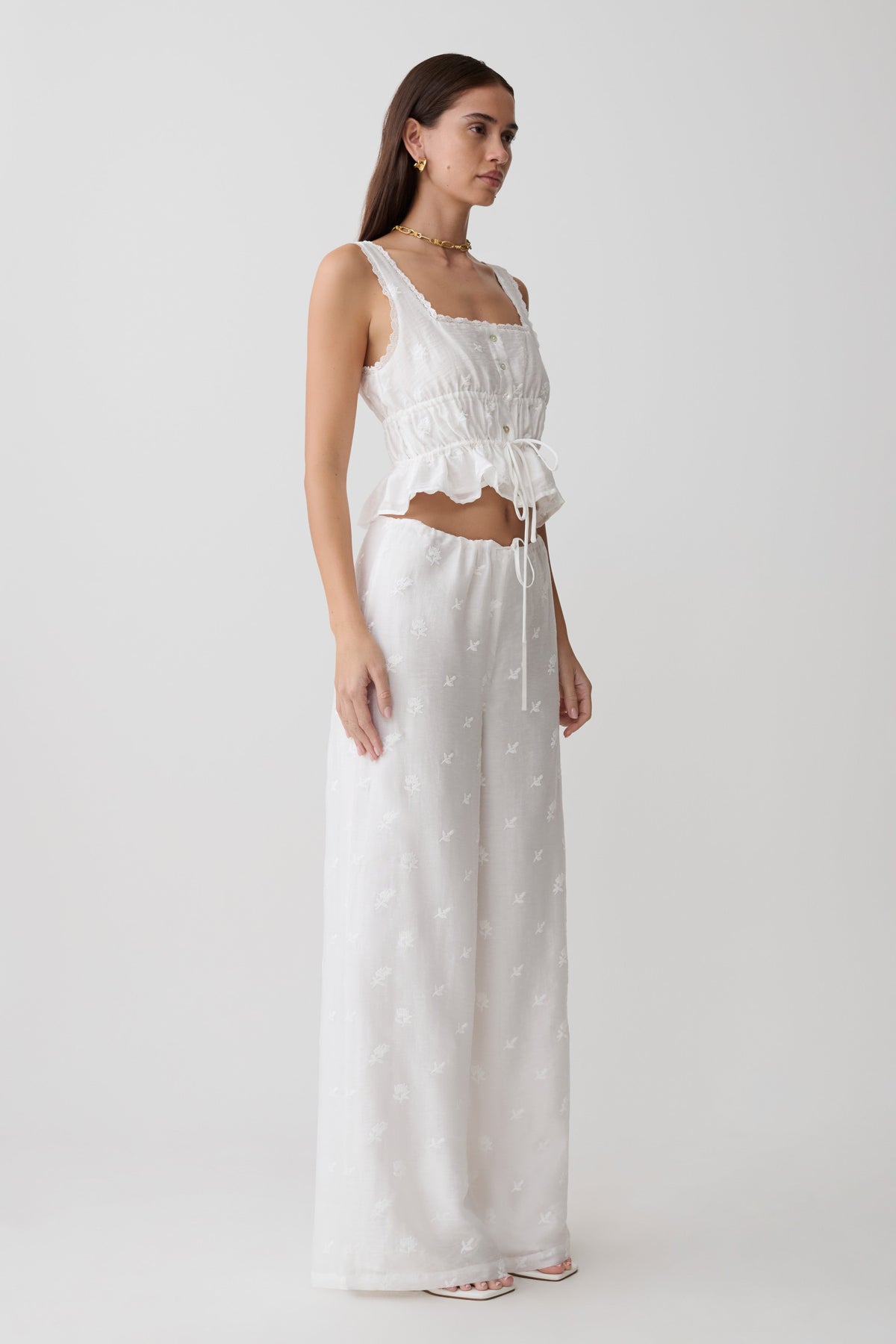 Tie Waist Embroidered Pant - White