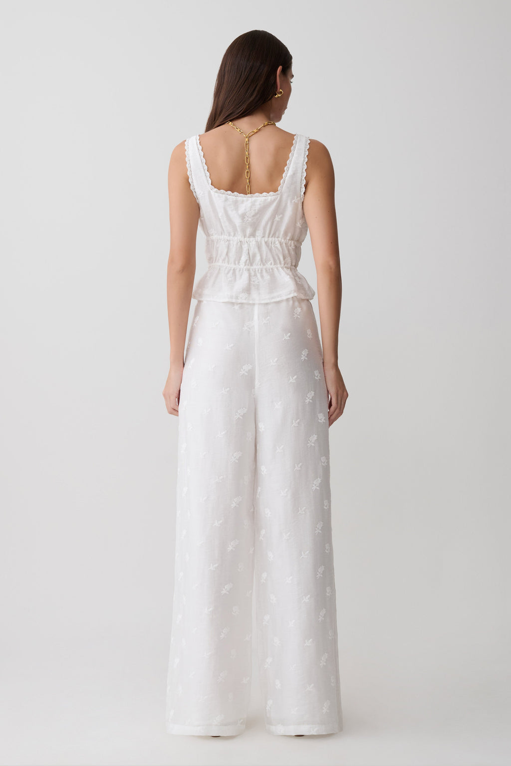 Tie Waist Embroidered Pant - White