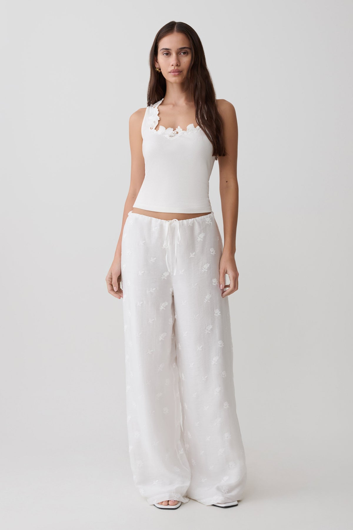 Tie Waist Embroidered Pant - White