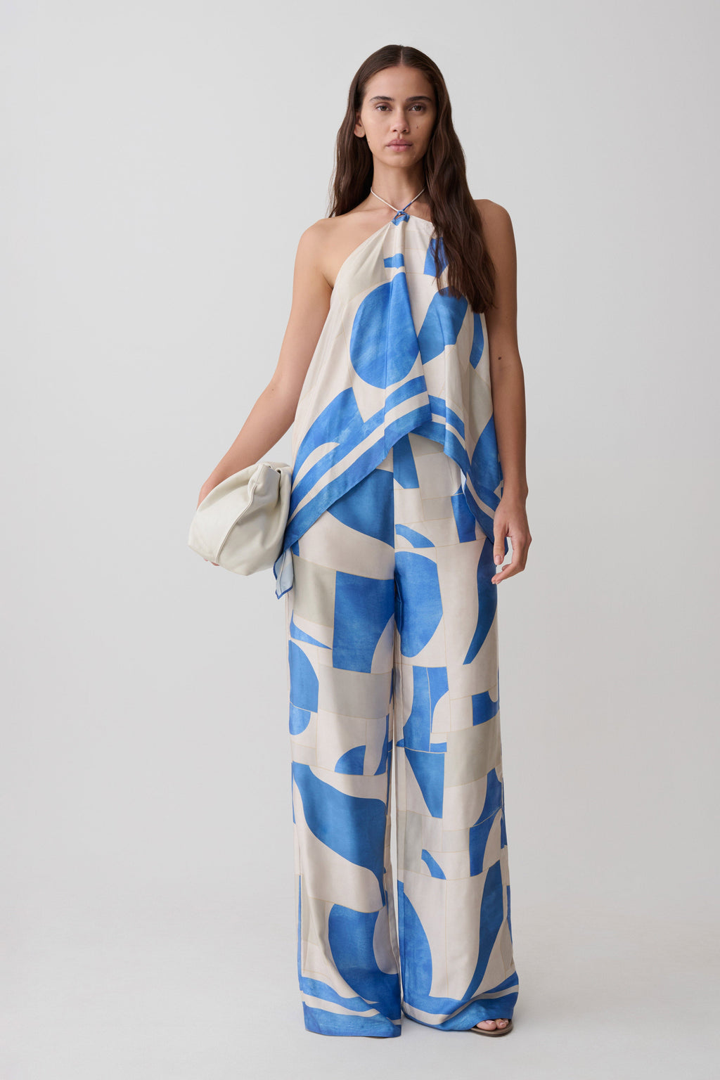 Satin Straight Leg Pants - Blue Geo Tile Print