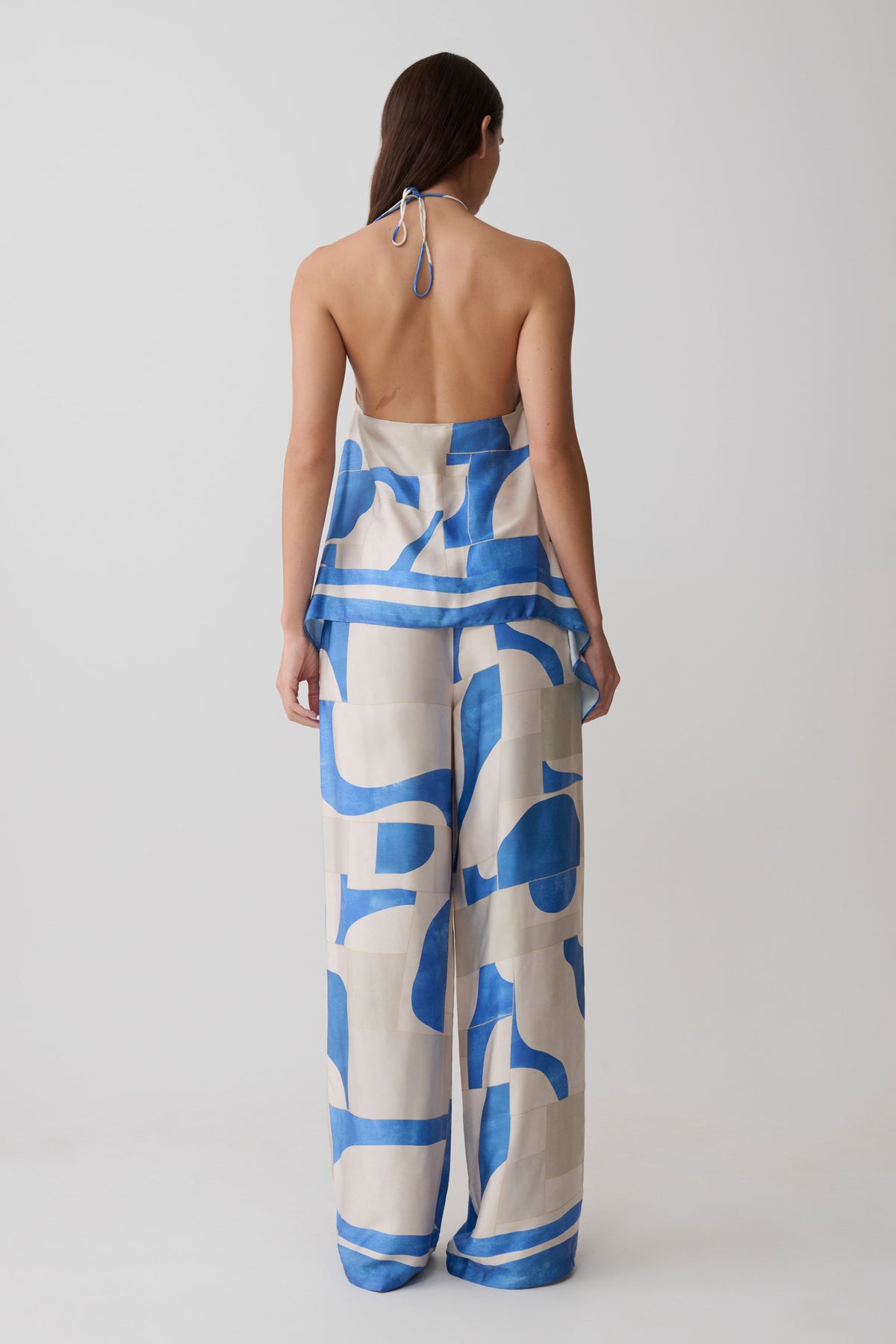 Satin Straight Leg Pants - Blue Geo Tile Print