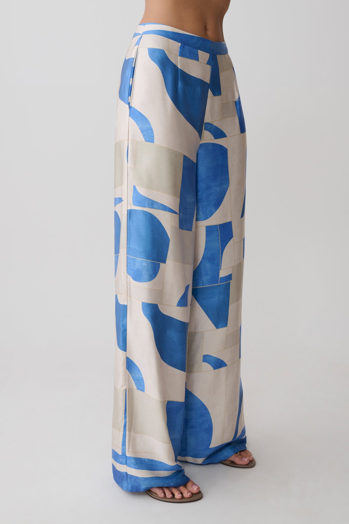 Satin Straight Leg Pants - Blue Geo Tile Print