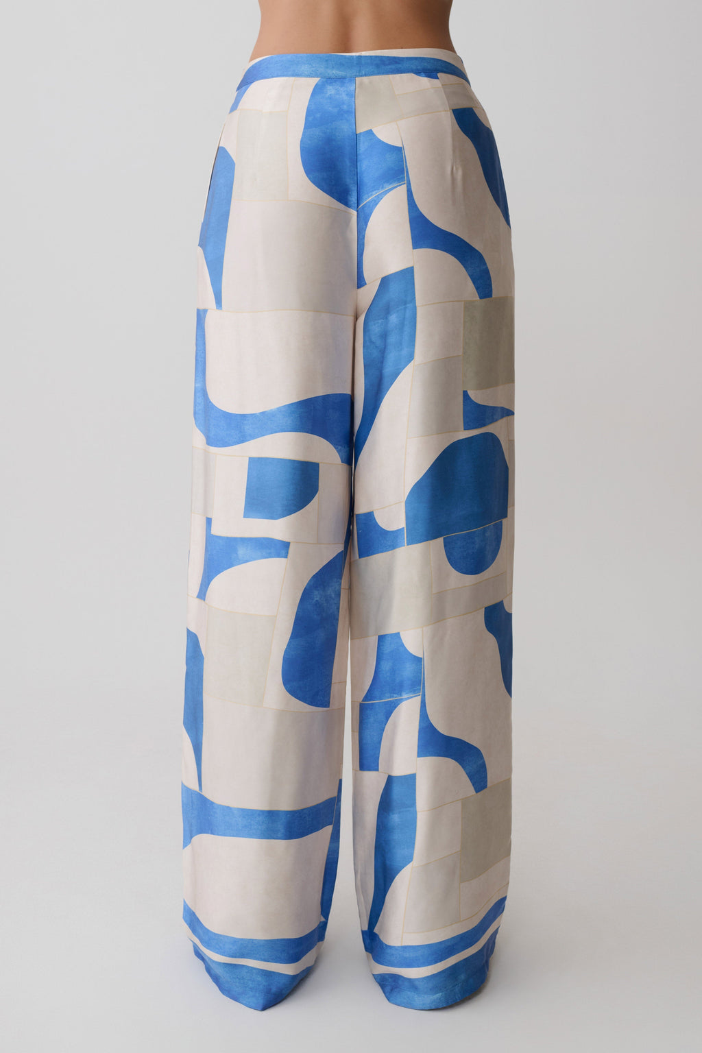 Satin Straight Leg Pants - Blue Geo Tile Print