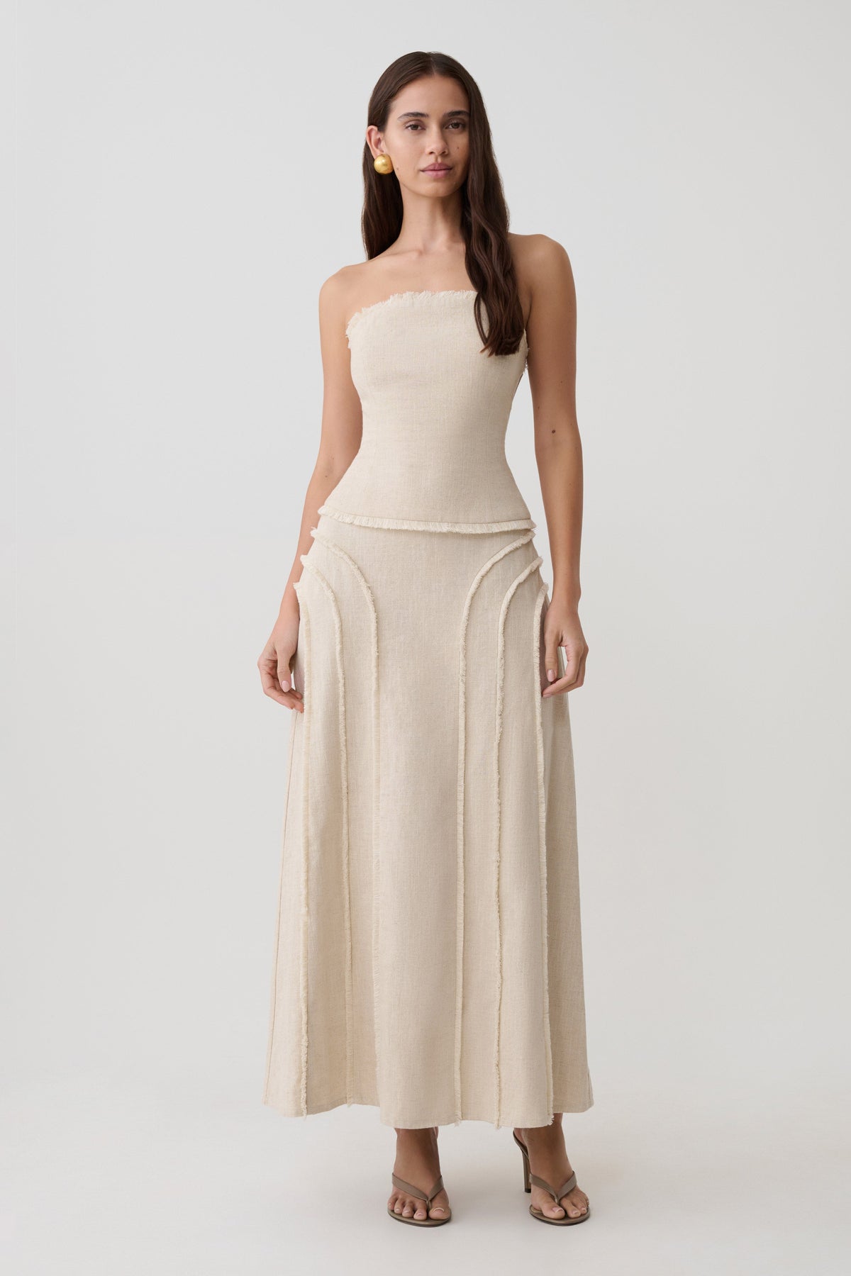 Linen Frayed Midi Skirt - Natural