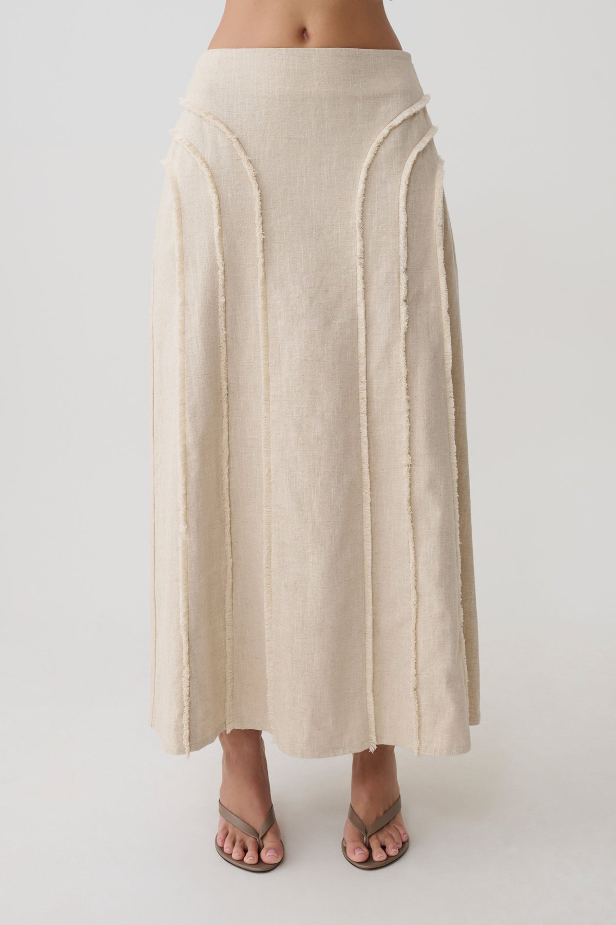 Linen Frayed Midi Skirt - Natural