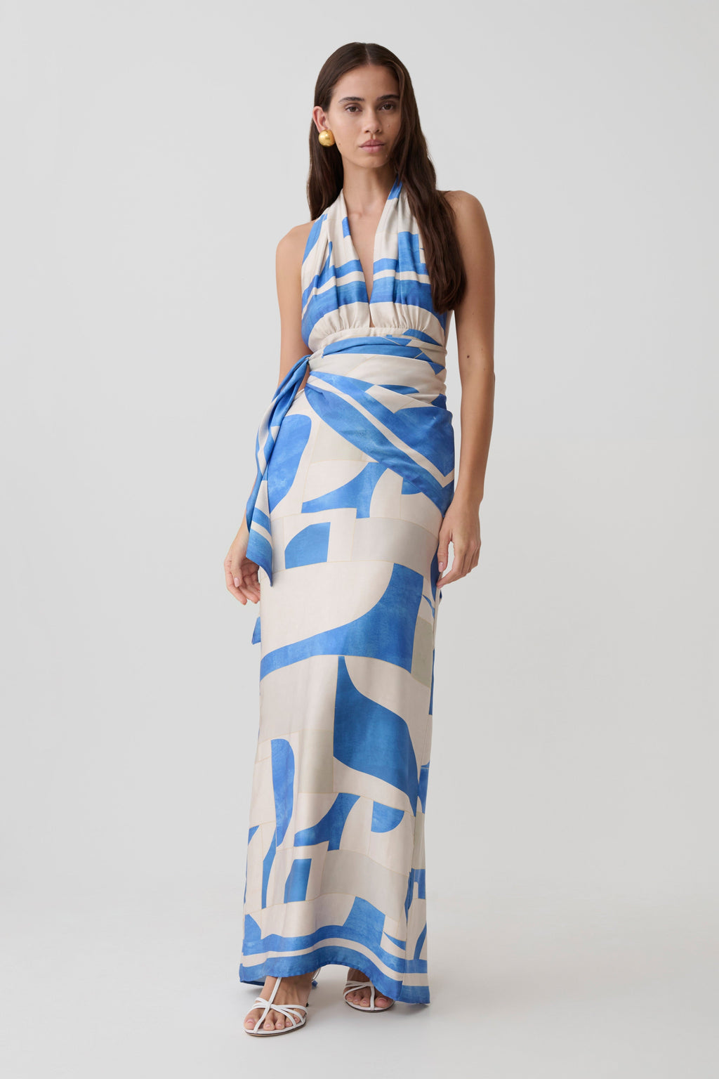 Satin Halter Maxi Dress - Blue Geo Tile Print