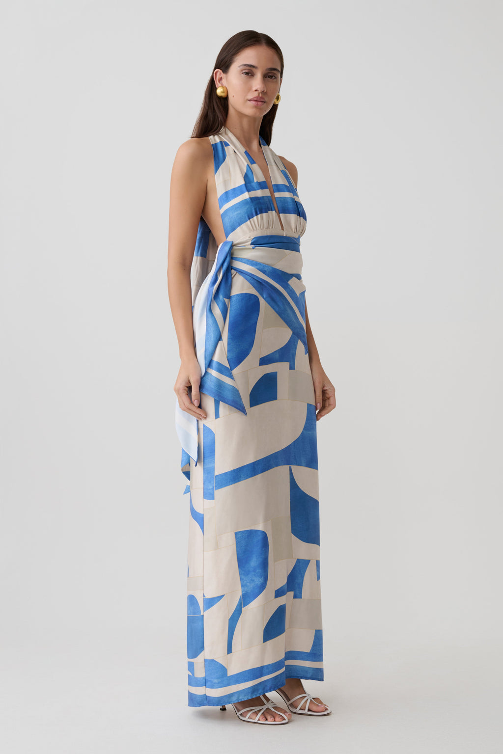 Satin Halter Maxi Dress - Blue Geo Tile Print