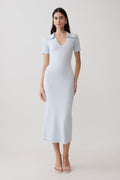 Short Sleeve Collared Knit Midi Dress - Light Blue