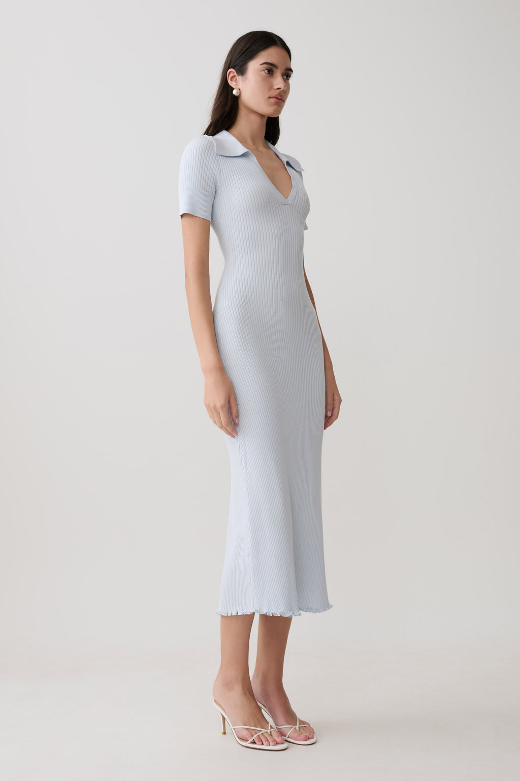 Short Sleeve Collared Knit Midi Dress - Light Blue