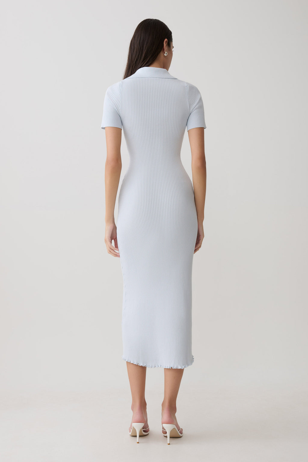Short Sleeve Collared Knit Midi Dress - Light Blue