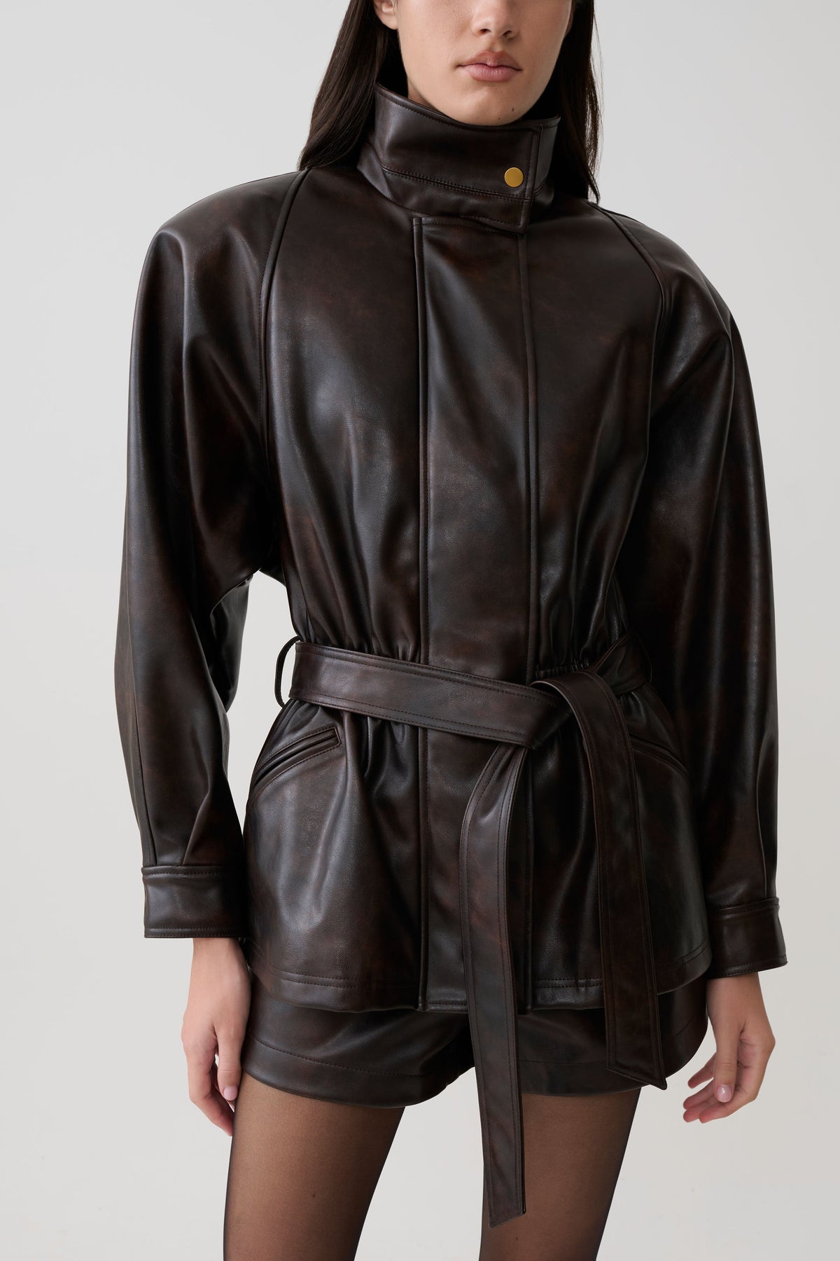 Faux Leather Cinch Waist Jacket - Dark Chocolate