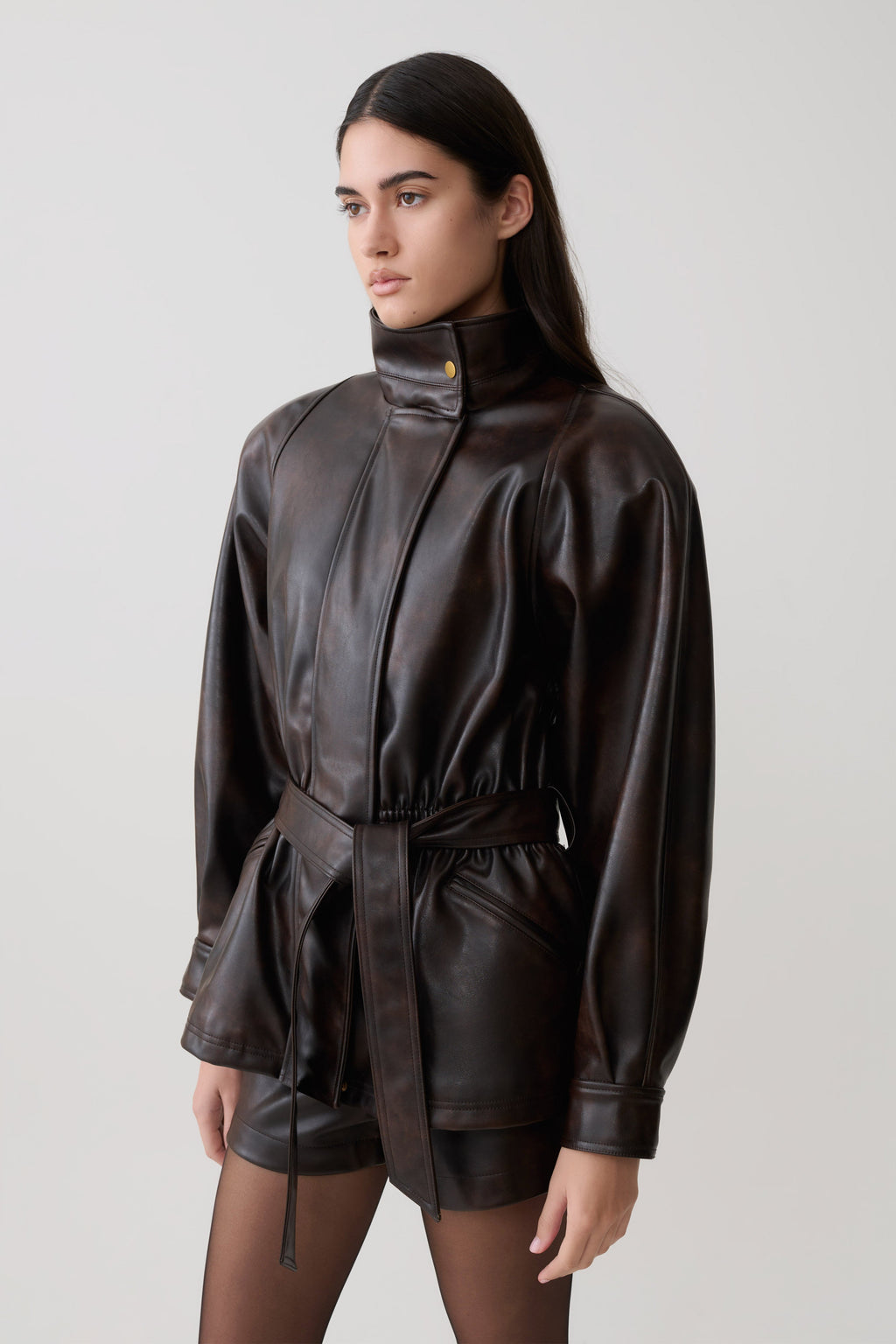 Faux Leather Cinch Waist Jacket - Dark Chocolate