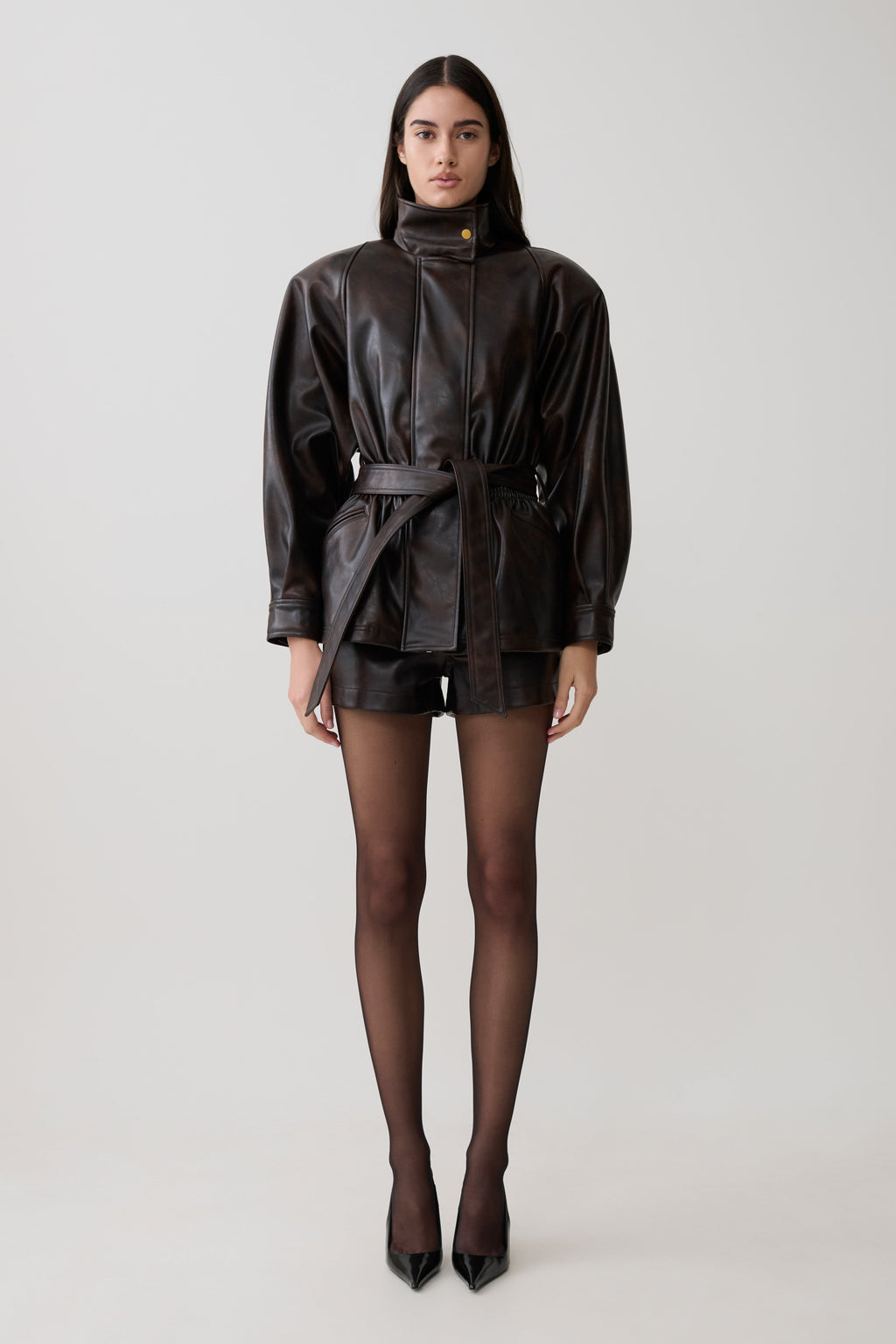 Faux Leather Cinch Waist Jacket - Dark Chocolate