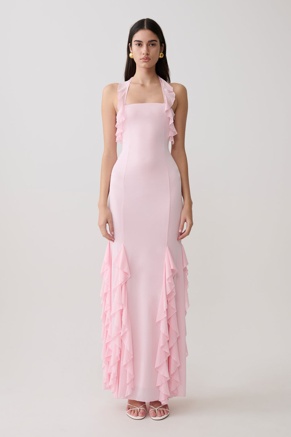 Ruffle Slinky Maxi Dress - Pale Pink