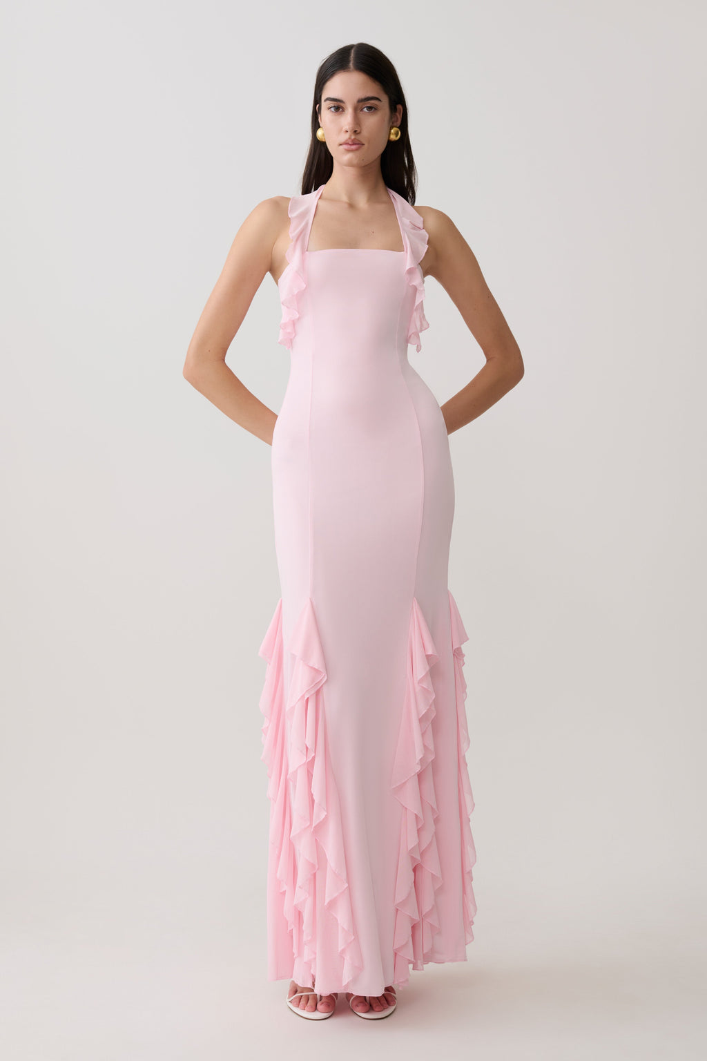 Ruffle Slinky Maxi Dress - Pale Pink