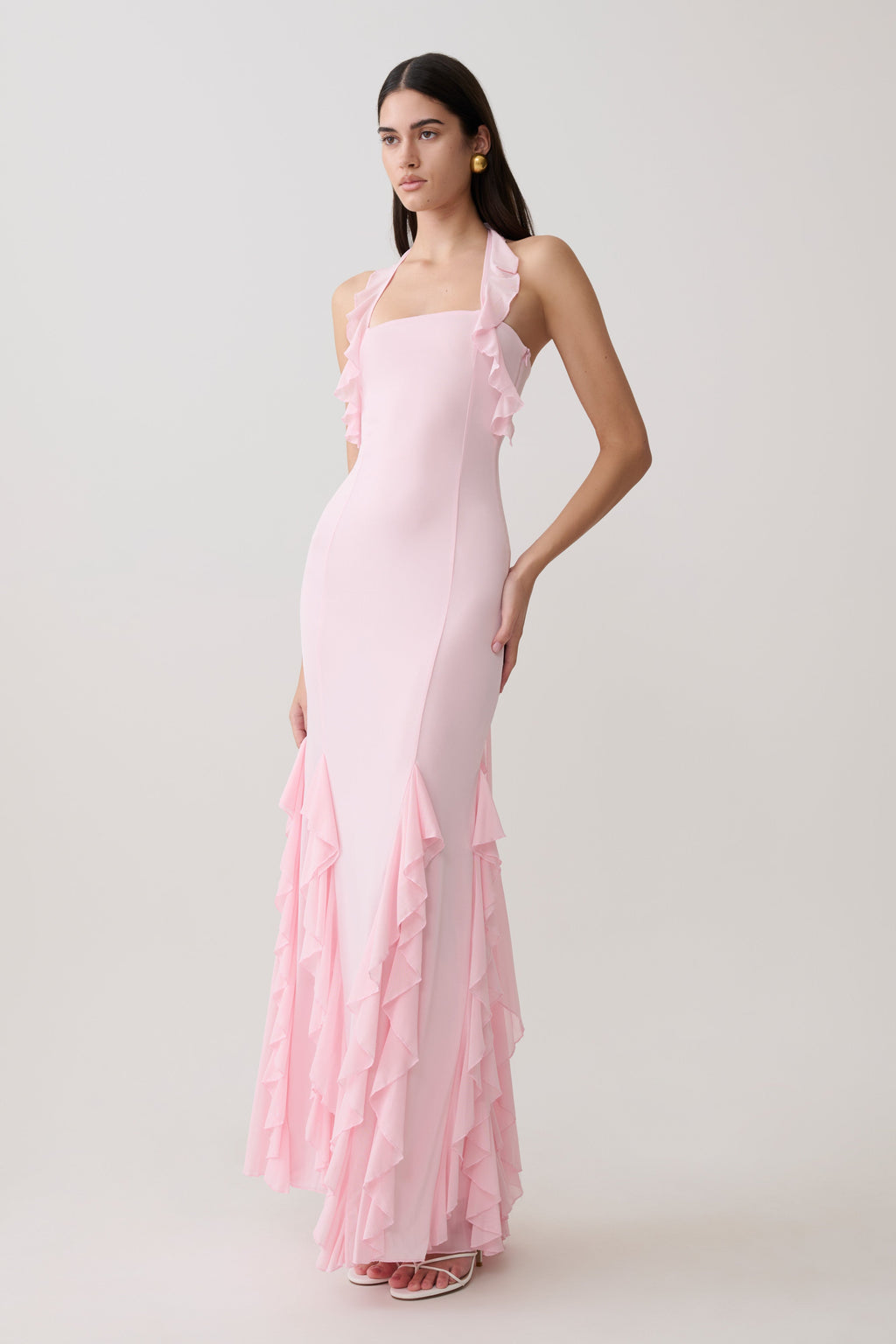 Ruffle Slinky Maxi Dress - Pale Pink