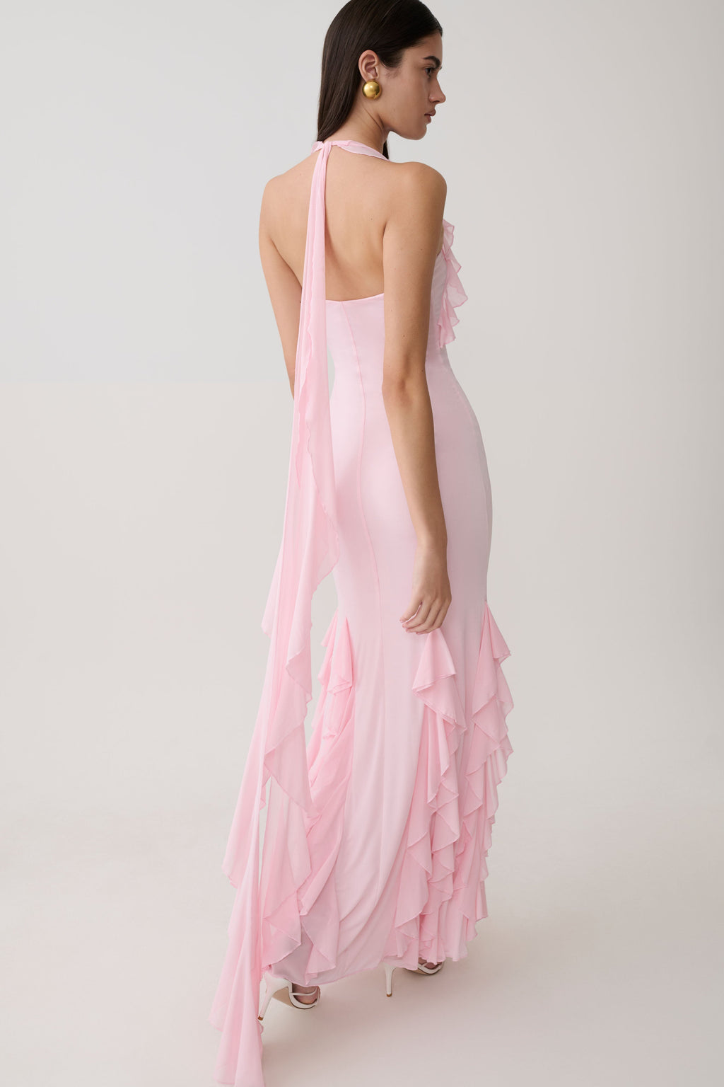 Ruffle Slinky Maxi Dress - Pale Pink