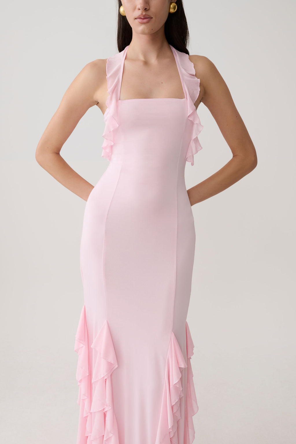Ruffle Slinky Maxi Dress - Pale Pink