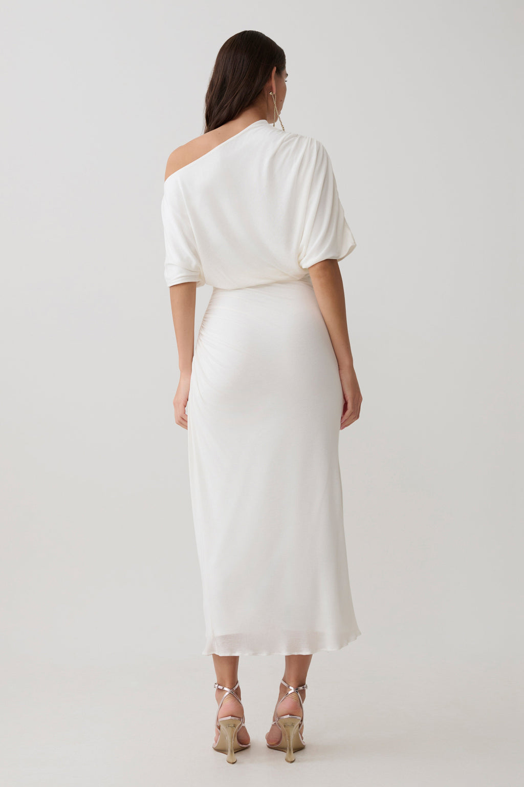Wool Lyocell Draped Midi Dress - White