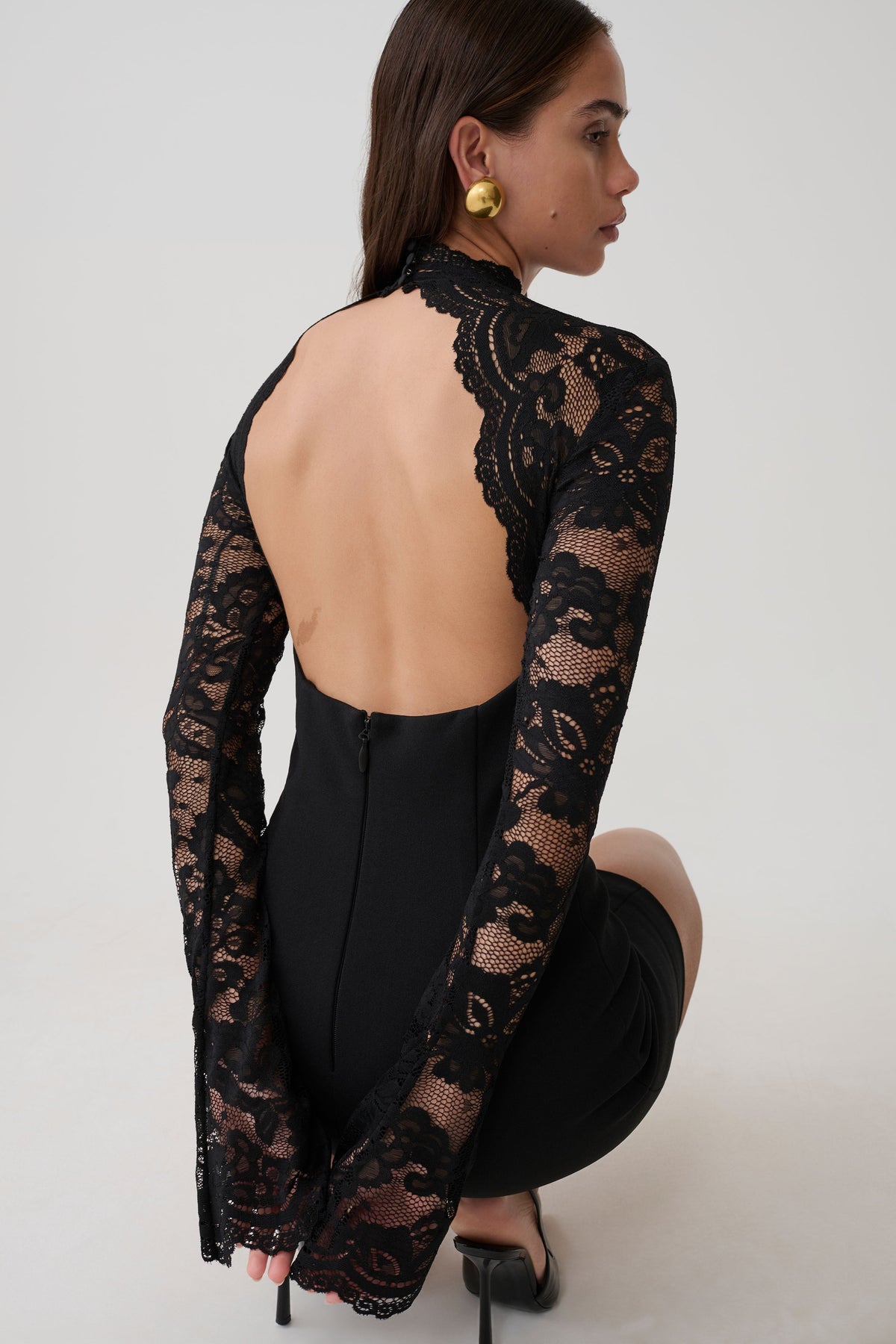 Long Sleeve Lace Mini Dress - Black