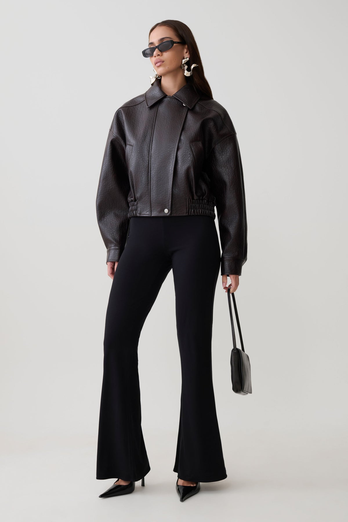 Faux Leather Cropped Jacket - Cherry Brown