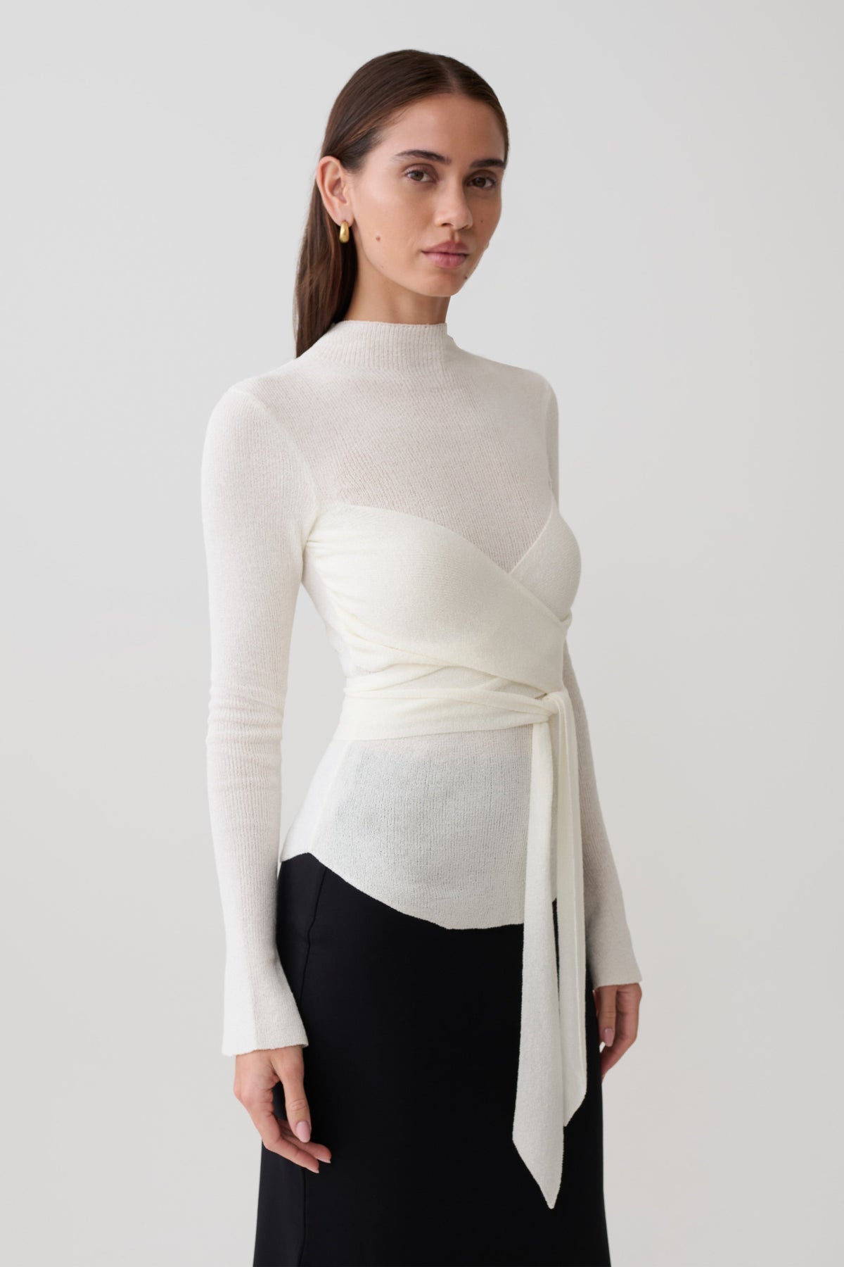 Wrap Knit Long Sleeve Top - White