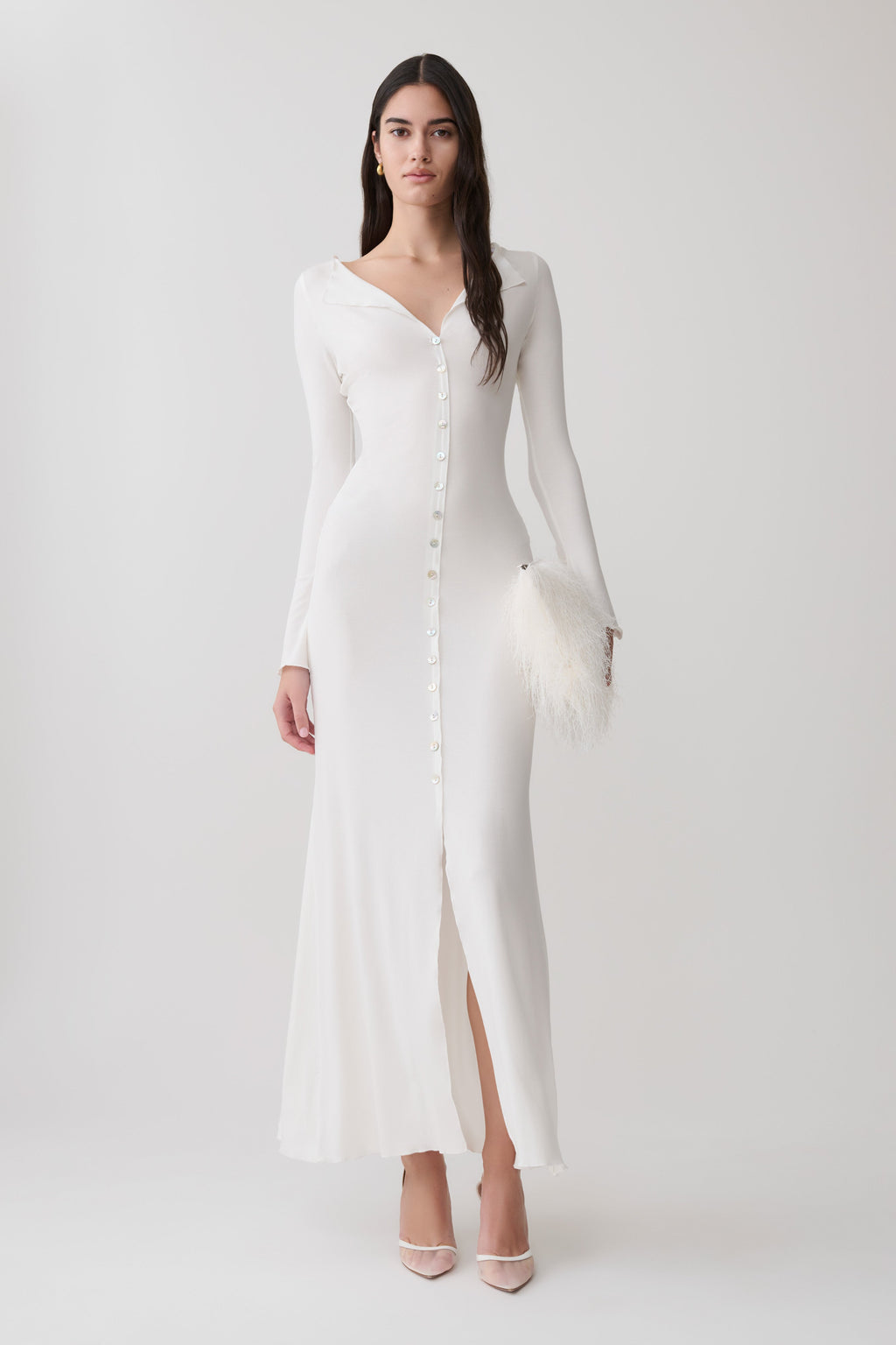 Buttoned Long Sleeve Maxi Dress - White
