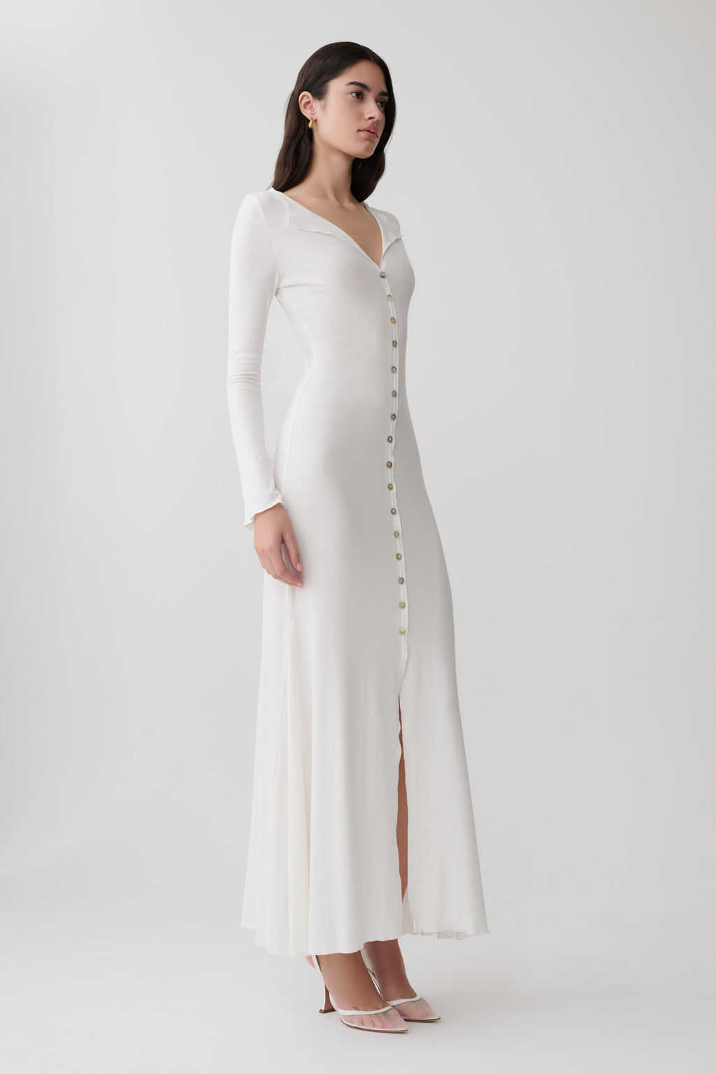 Buttoned Long Sleeve Maxi Dress - White