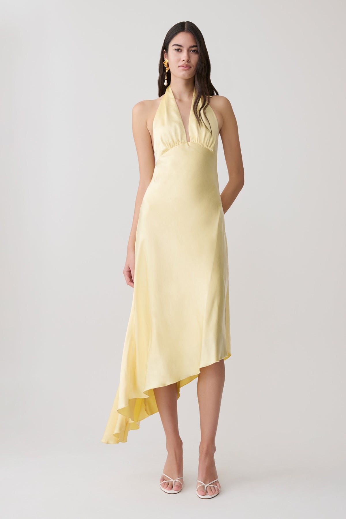 Asymmetric Hem Halter Midi Dress - Butter