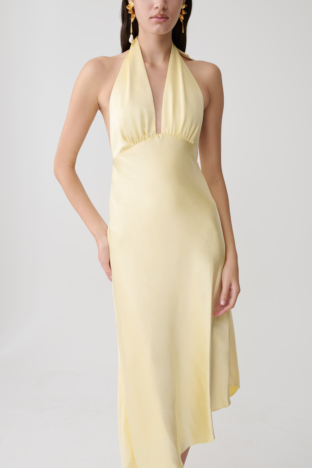Asymmetric Hem Halter Midi Dress - Butter