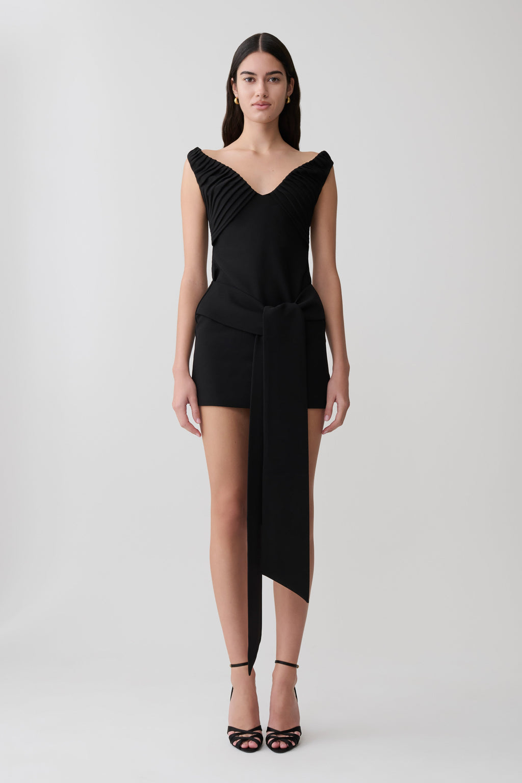 Off Shoulder Mini Dress With Waist Tie - Black