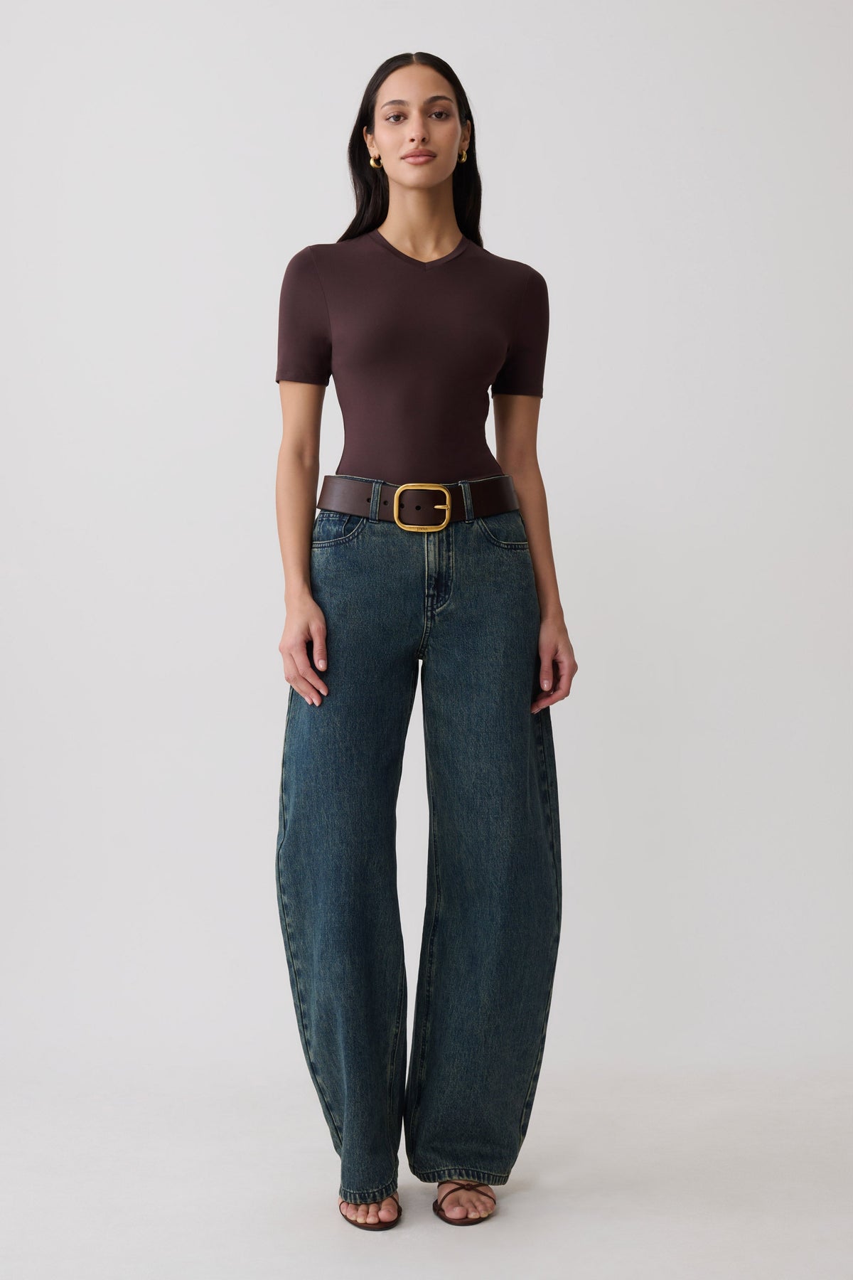 High V Neck Short Sleeve Top - Chocolate
