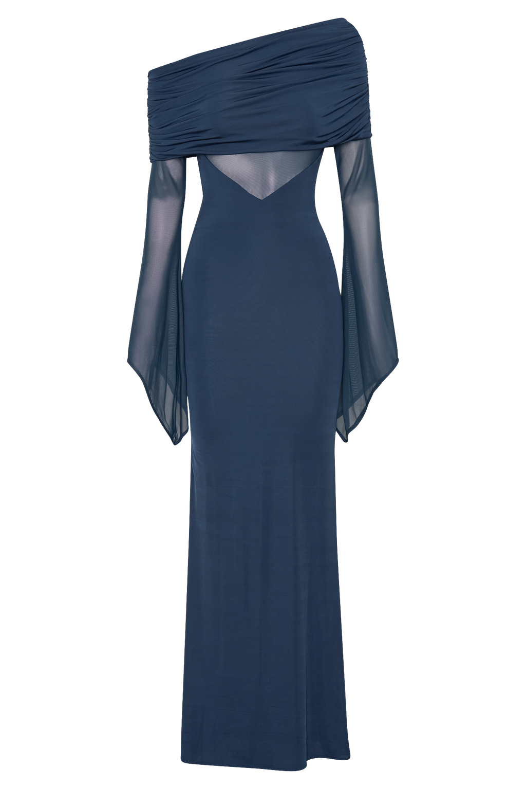 One Shoulder Slinky And Mesh Maxi Dress - Midnight Blue