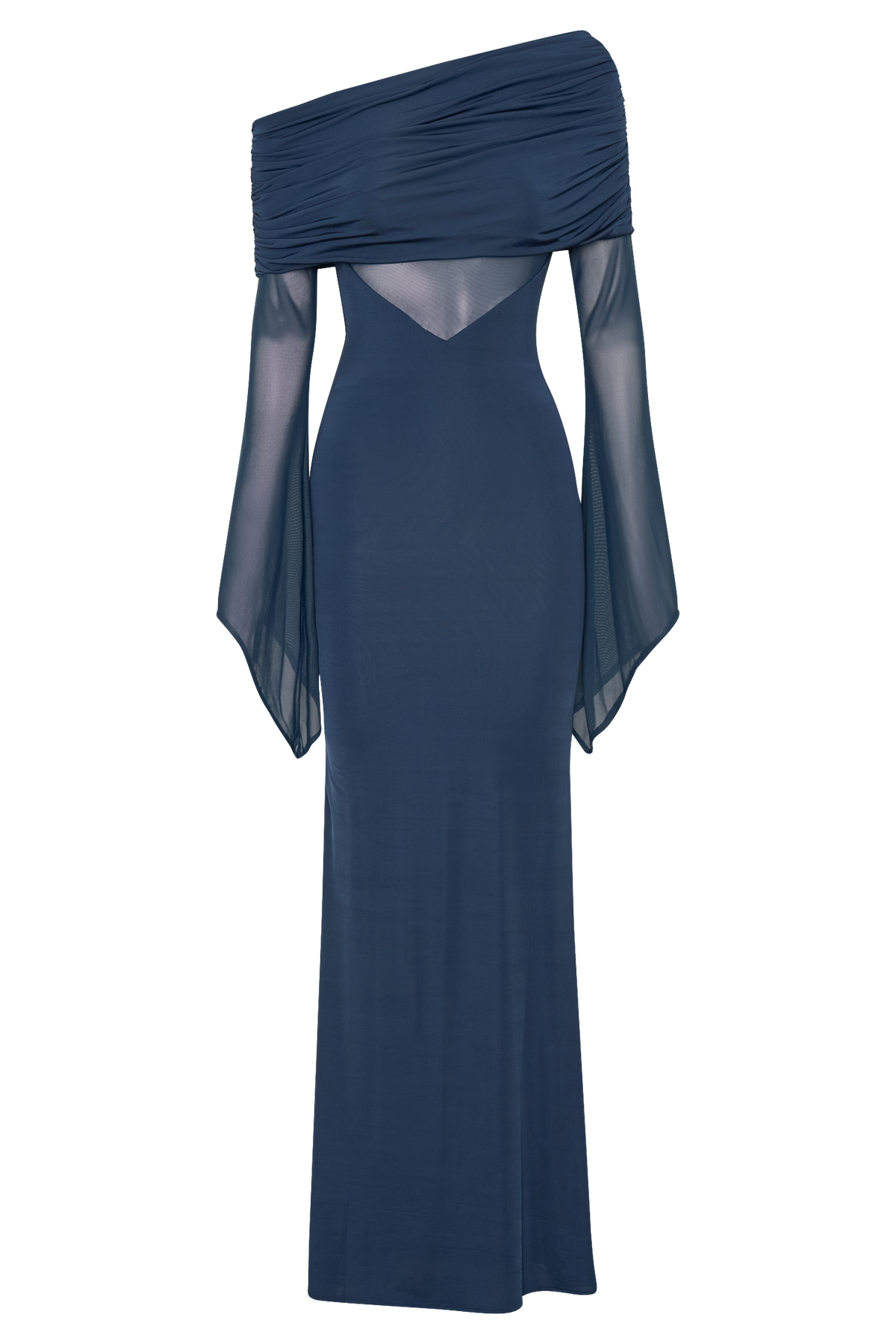 One Shoulder Slinky And Mesh Maxi Dress - Midnight Blue