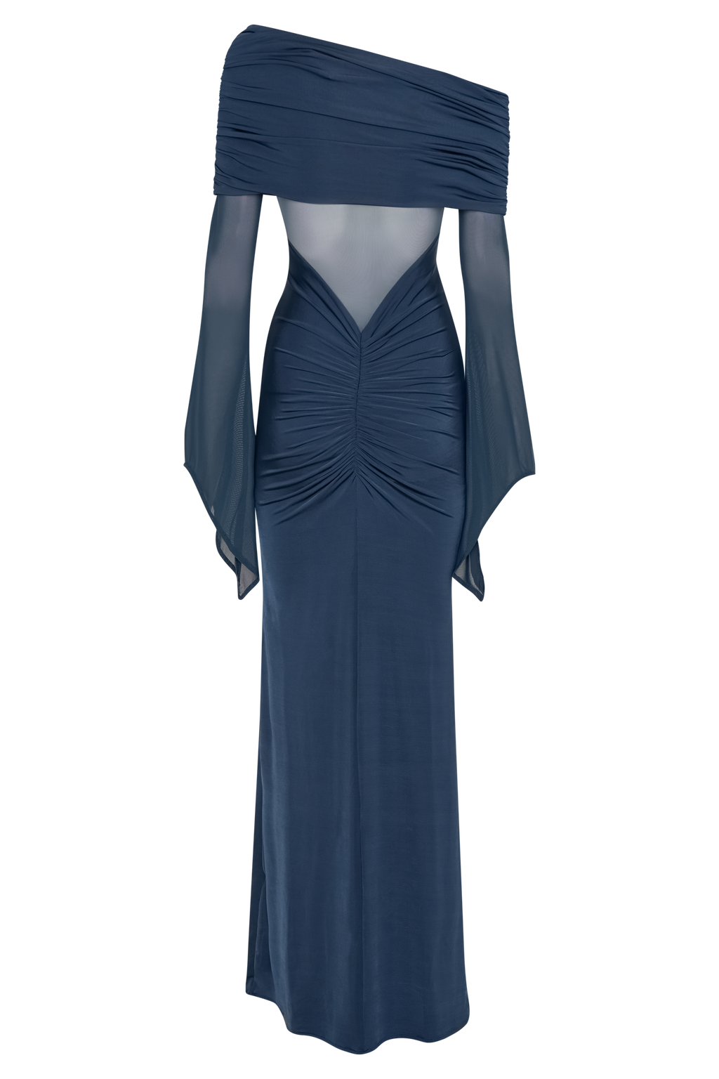 One Shoulder Slinky And Mesh Maxi Dress - Midnight Blue