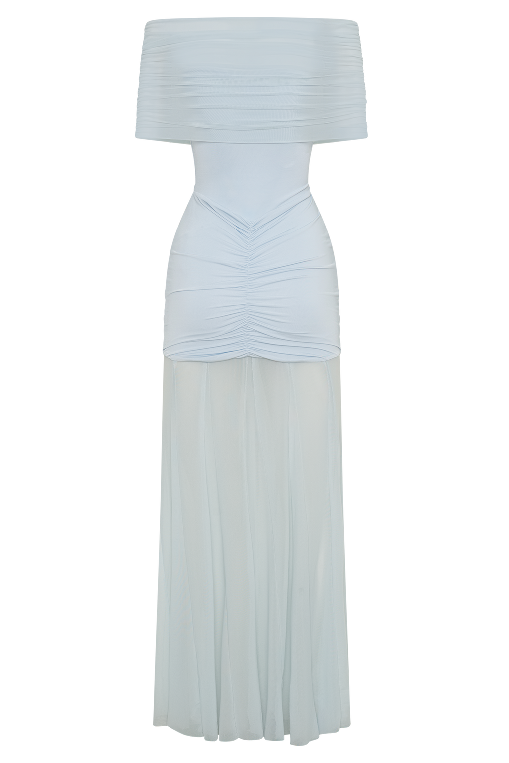Slinky And Mesh Off Shoulder Maxi Dress - Pale Blue