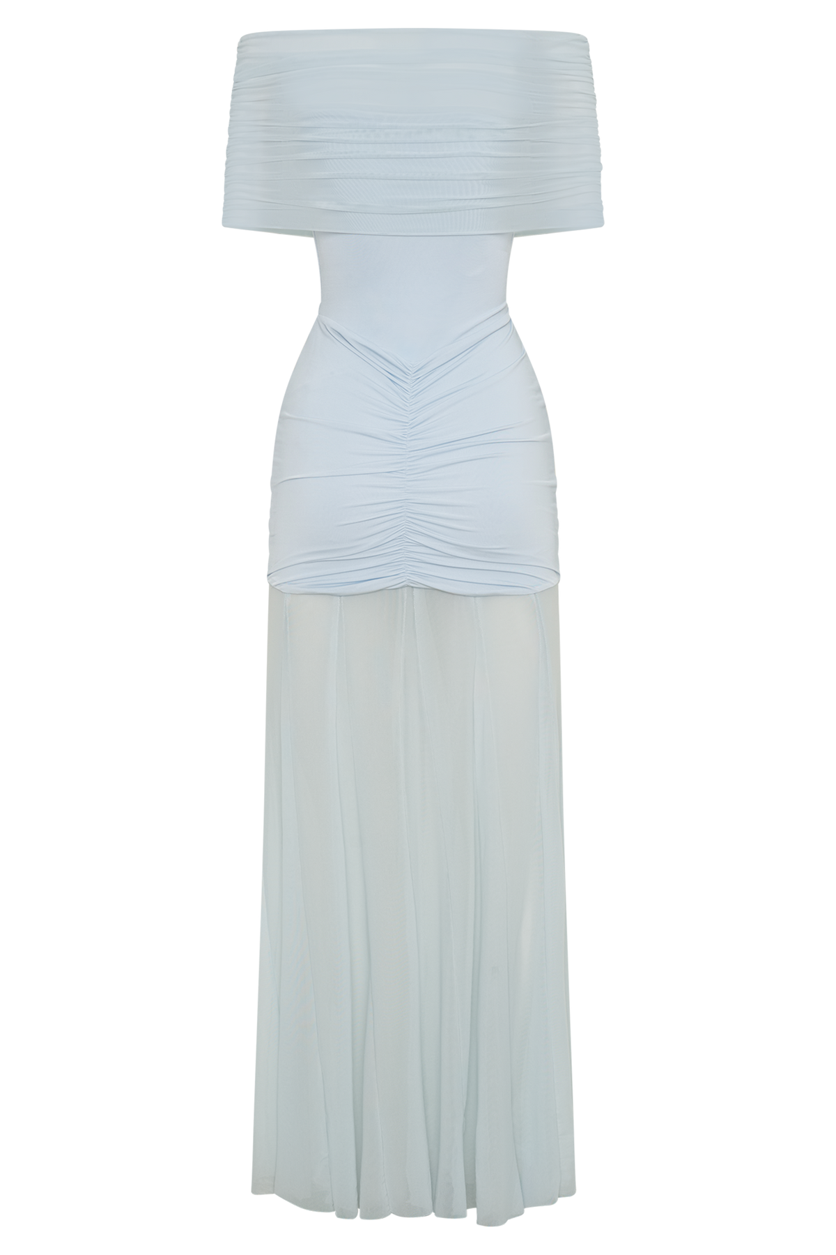 Slinky And Mesh Off Shoulder Maxi Dress - Pale Blue
